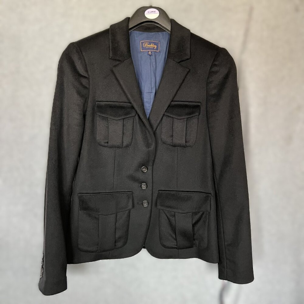 Wool Cashmere Utility Blazer 8 Black Menswear Inspired 4 Pocket Tailored Career